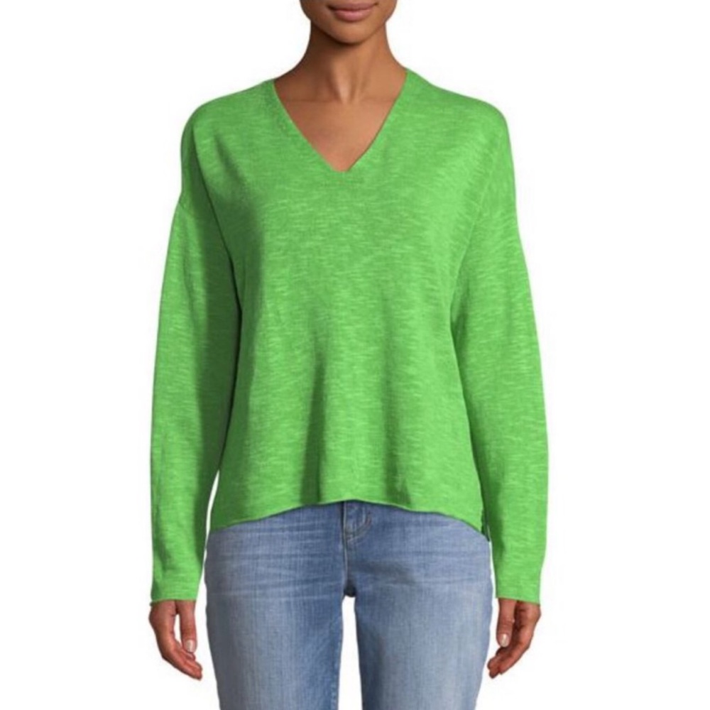 Eileen Fisher Linen Top V-Neck Long Sleeve Knit Classic Pullover Green Sz Small - Picture 3 of 7